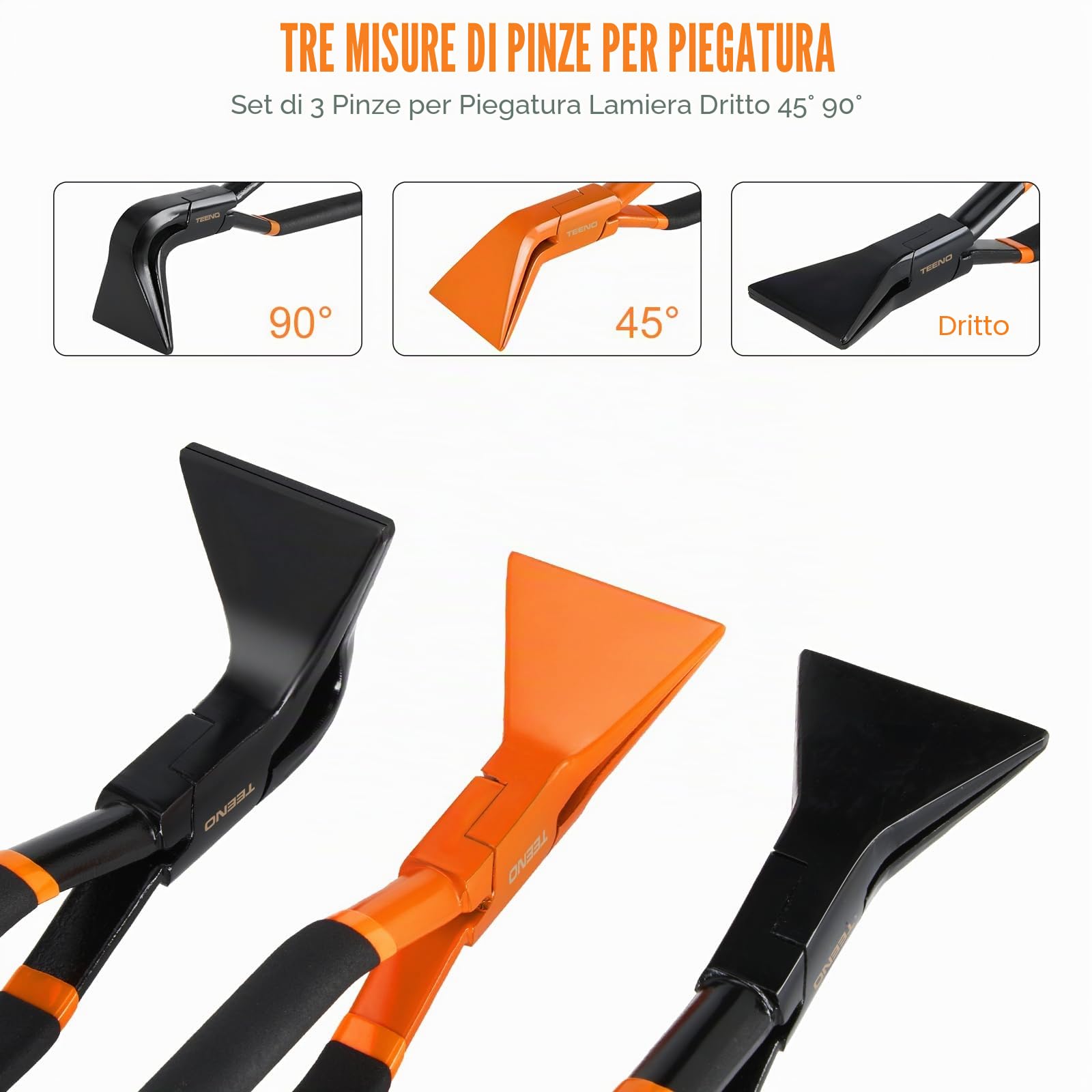 TEENO 3 Pezzi Piega Lamiera Manuale, Set di pinze pieghevoli per lamiere 0°, 45° E 90°, Circa 60mm Di Larghezza, In Acciaio Al Carbonio Brunito Nero, con un Paio di Guanti, Adatte Per Fai Da Te