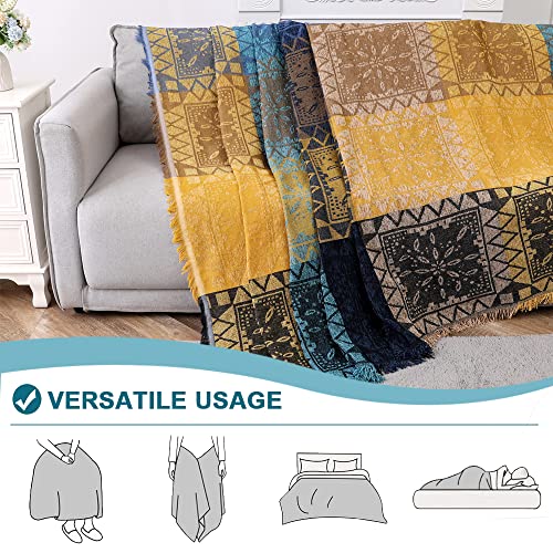 Turquoize Boho Couch Cover Bohemian Cotton Sofa Cover Sofa Throw Cover For Couches Washable Sectional Sofa Couch Covers For Dogs Feature Hippie Chenille Jacquard Fabric(91"X 134",Xx-Large,Yellow Navy) #TOP4
