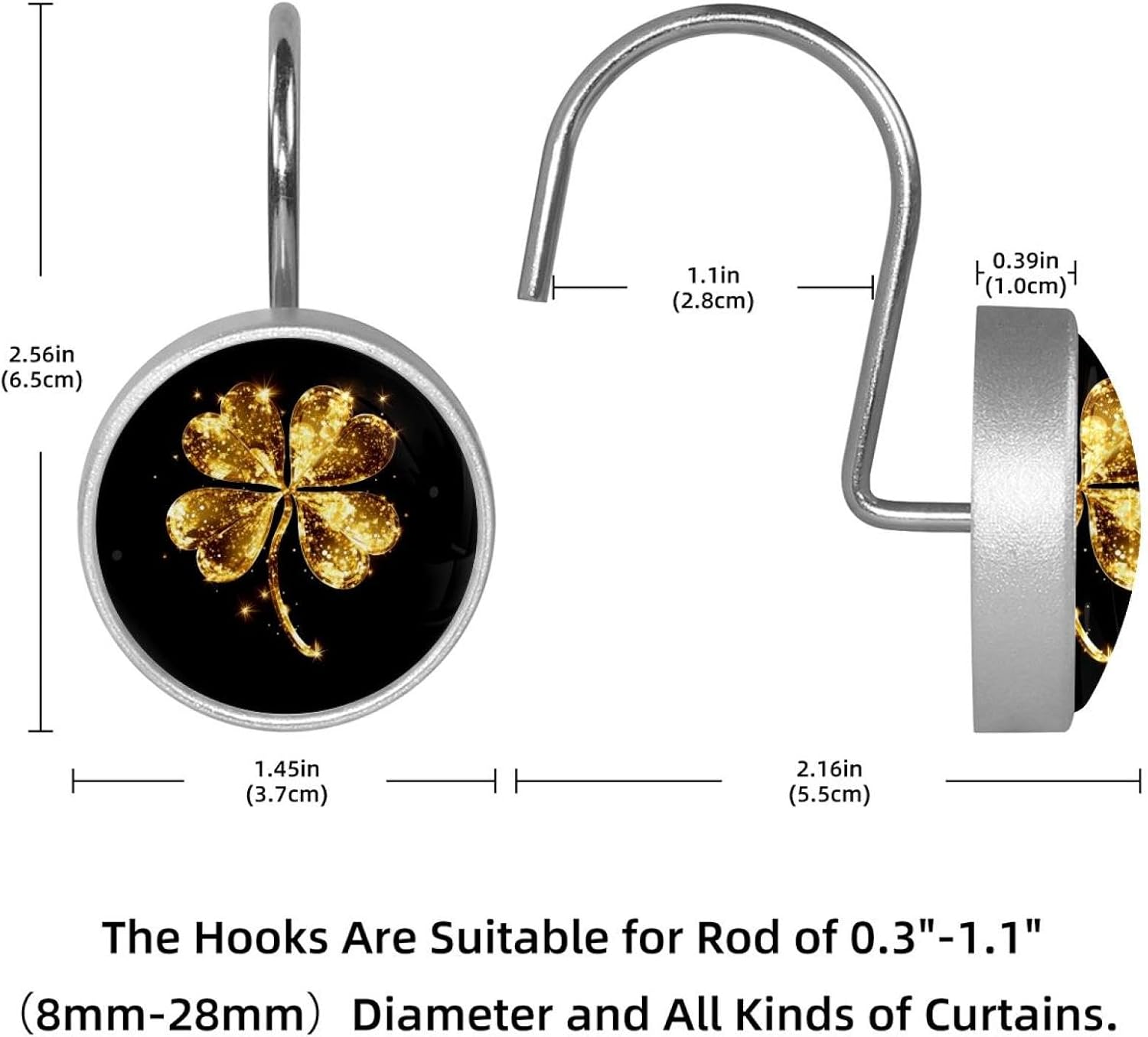 12 Pcs Stainless Steel Shower Curtain Hooks for Shower Curtain, Gold Four Leaf Clover