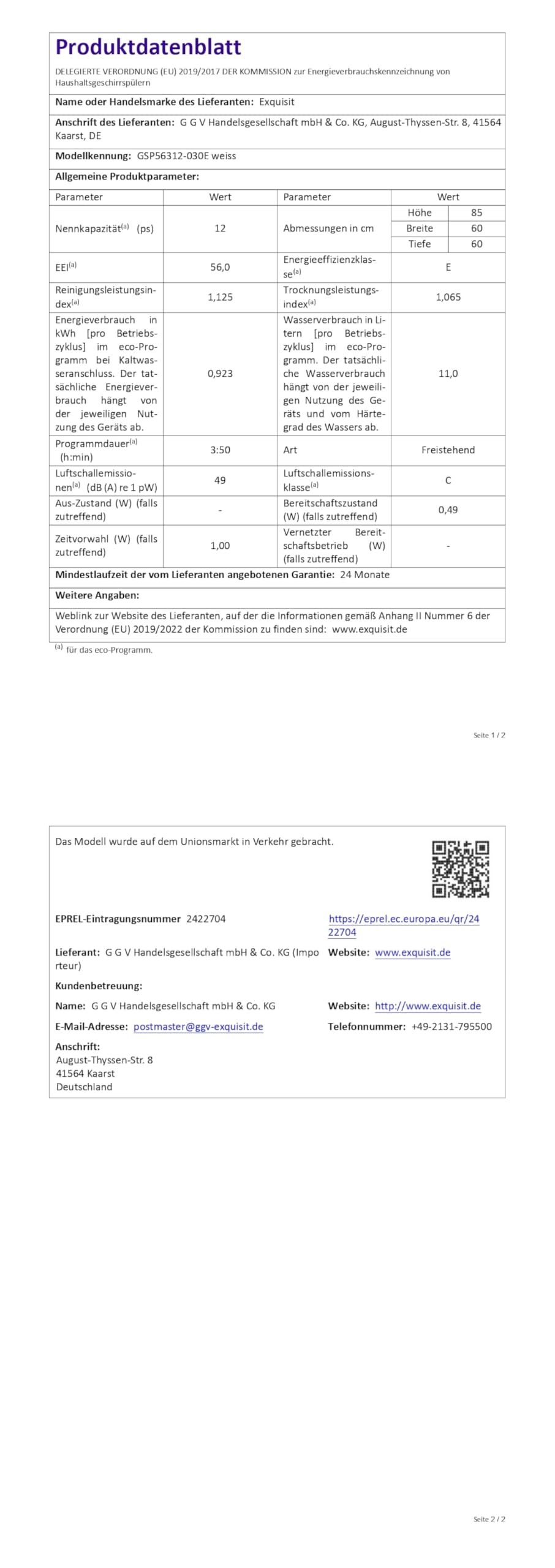 Exquisit GSP56312-030E Geschirrspüler Freistehend - 60cm Spülmaschine Weiß | Spülmaschine unterbau 60 cm mit Aquastop, 12 Maßgedecke, Geschirrspüler 60cm unterbau, 49 dB, Startzeitvorwahl & LED.