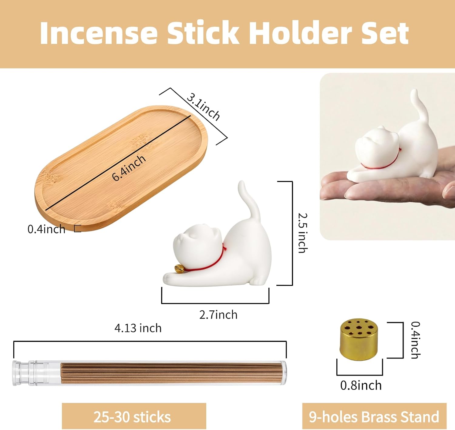 Cute Cat Ceramic Incense Holder Set with Bamboo Ash Tray and Incense Stand
