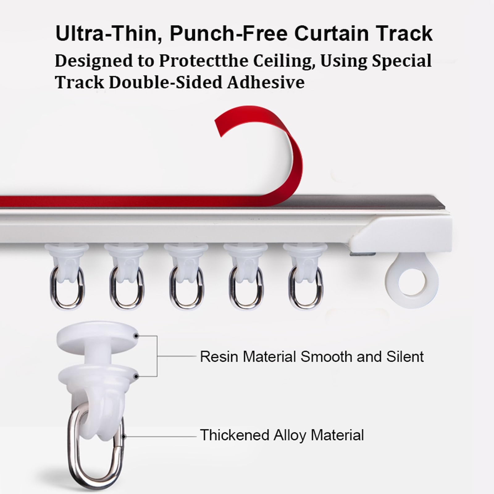 Tringle à rideaux adhésive ultra fine en aluminium pour installation sans perçage, tringle à rideaux montée au plafond pour salon (220 cm, 2 x 110 cm)