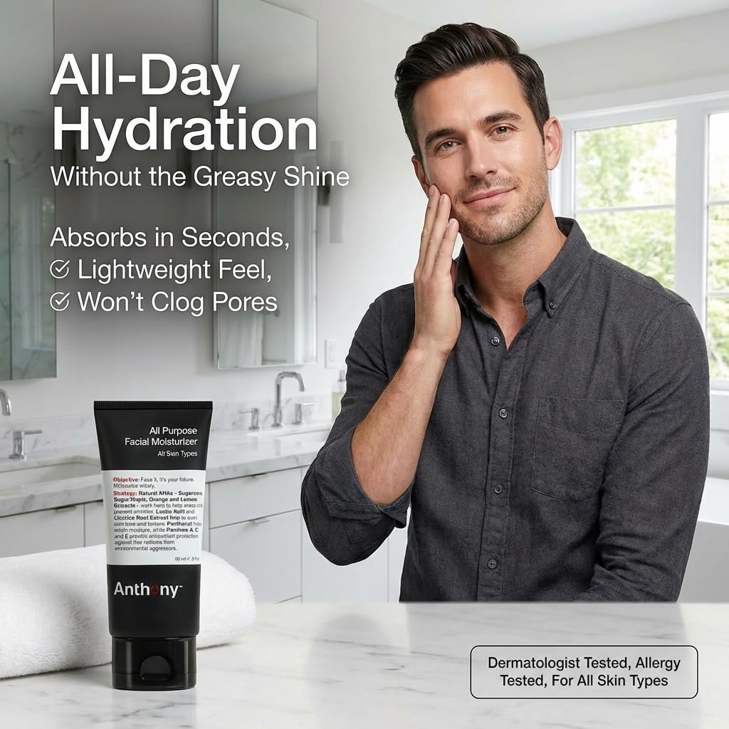 Anthony All-Purpose Facial Moisturizer – Men’s Hydrating Lotion for Dry Skin – Lightweight, Non-Comedogenic, Anti-Aging Formula – 3 Fl Oz - Image 4