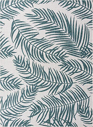 Unique Loom Outdoor Botanical Collection Area Rug - Palm (9' X 12' Rectangle, Teal Ivory) #TOP1