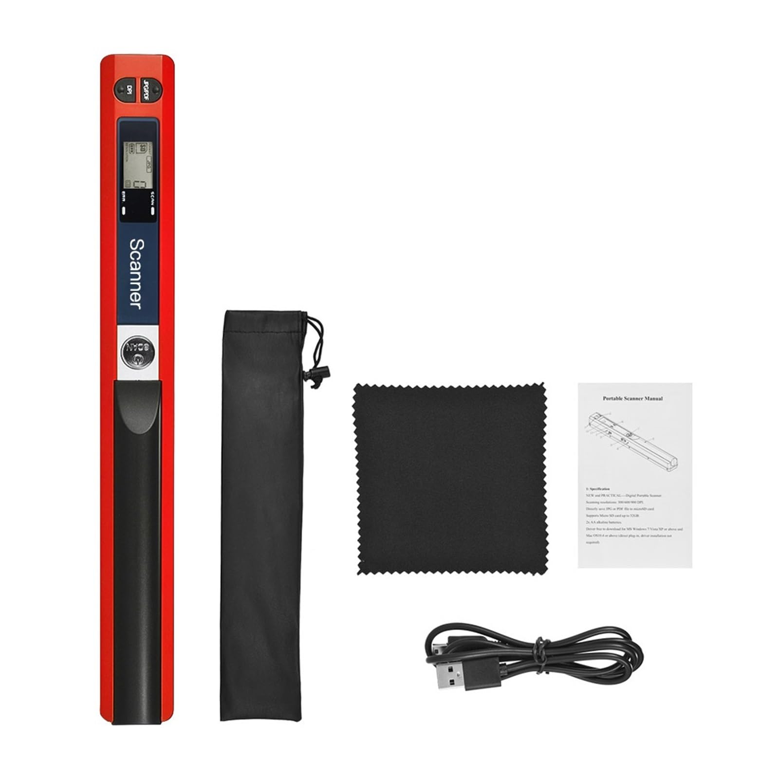 Scanner Documenti, Scanner wireless portatile con bacchetta portatile, formato A4 900 DPI JPG/PDF schermo LCD formato interfaccia di tipo C con borsa protettiva(Rot)