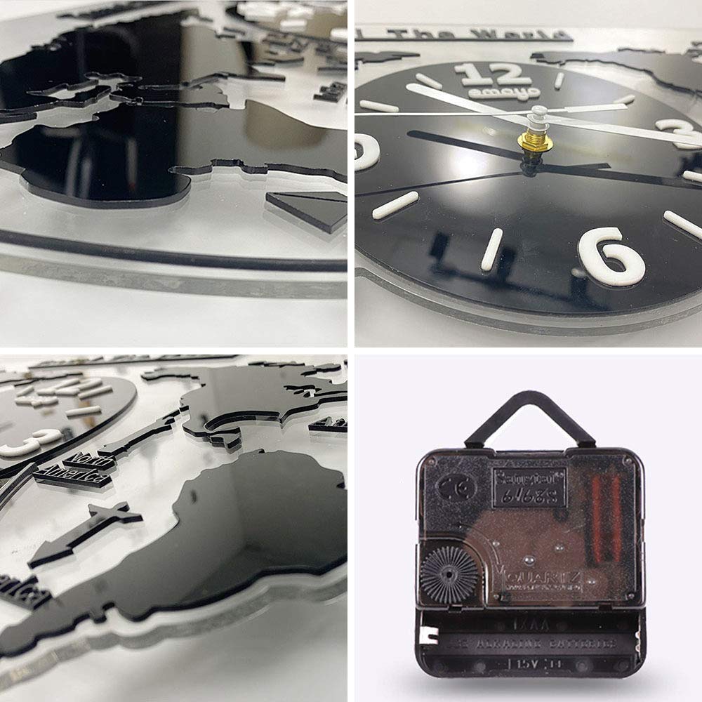 3D Acryl Weltkarte mit Uhren Set - Wohnzimmer verzierte Moderne Wanduhr - Schwarz MDF Weltzeituhren Wanduhren Schilder Kontinente Länder Wanddeko Wall-Art,80x38cm