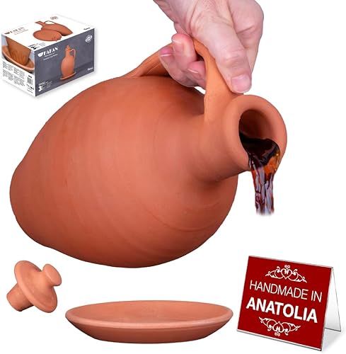 Hakan Anadolu - Juego de jarra de agua de arcilla natural, jarra y plato de agua de terracota sin esmaltar, jarra de barro pequeña tradicional,