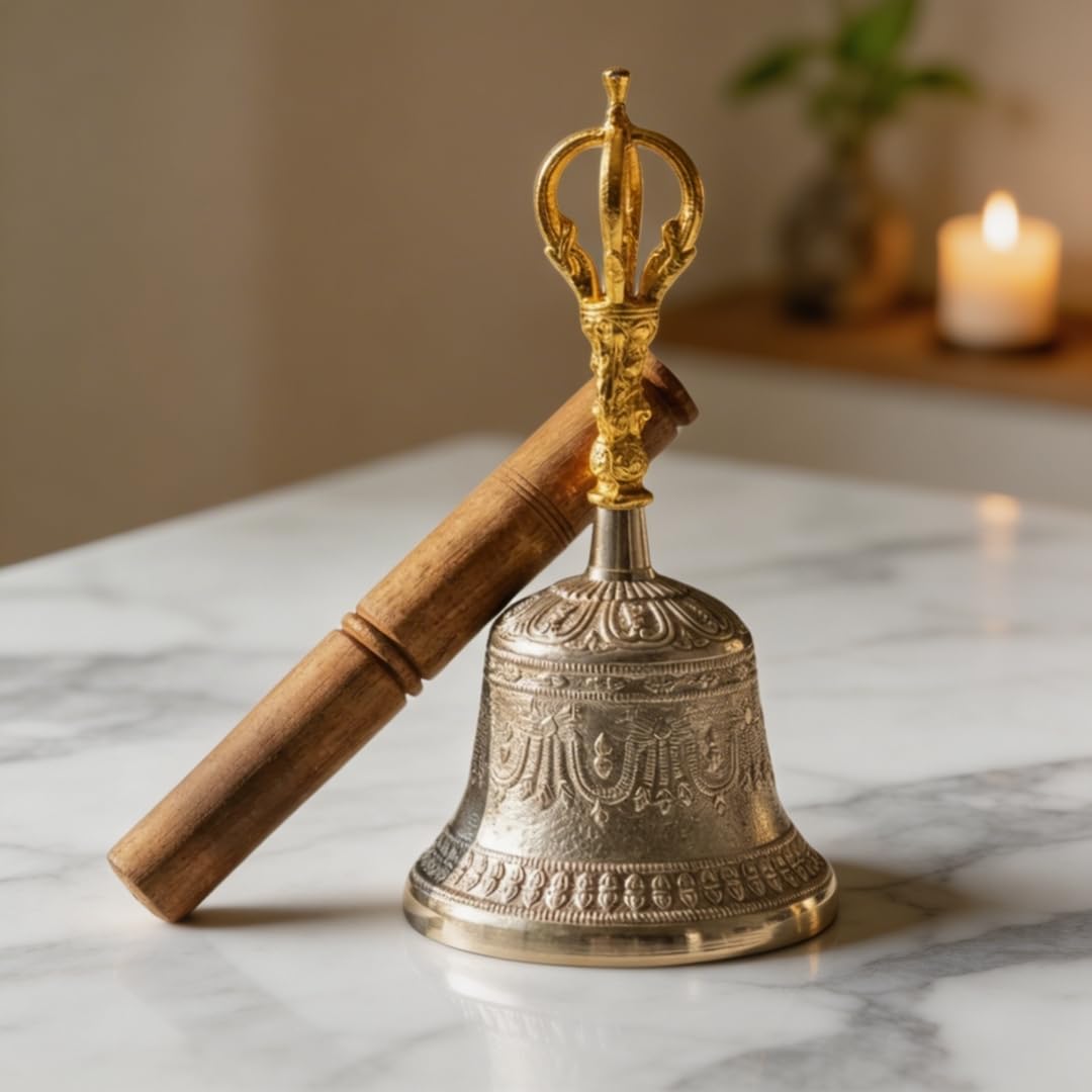 Plus Value Brass Tibetan Om Bell Feng Shui Vastu Meditation Sound Healing, Spiritual Gifting, Indian Handicraft Product for Home, Office Temple Decor Buddhist Positivity Calm Relax (Big Size)