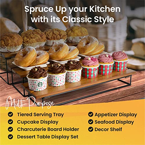 Risers For Display For Food-Wooden Cupcake Stand 3-Tier Wooden Display Stand With Black Metal Base, Rectangle Tower Display Stands For Vendor Events Walnut Wood (12" Set) #TOP6