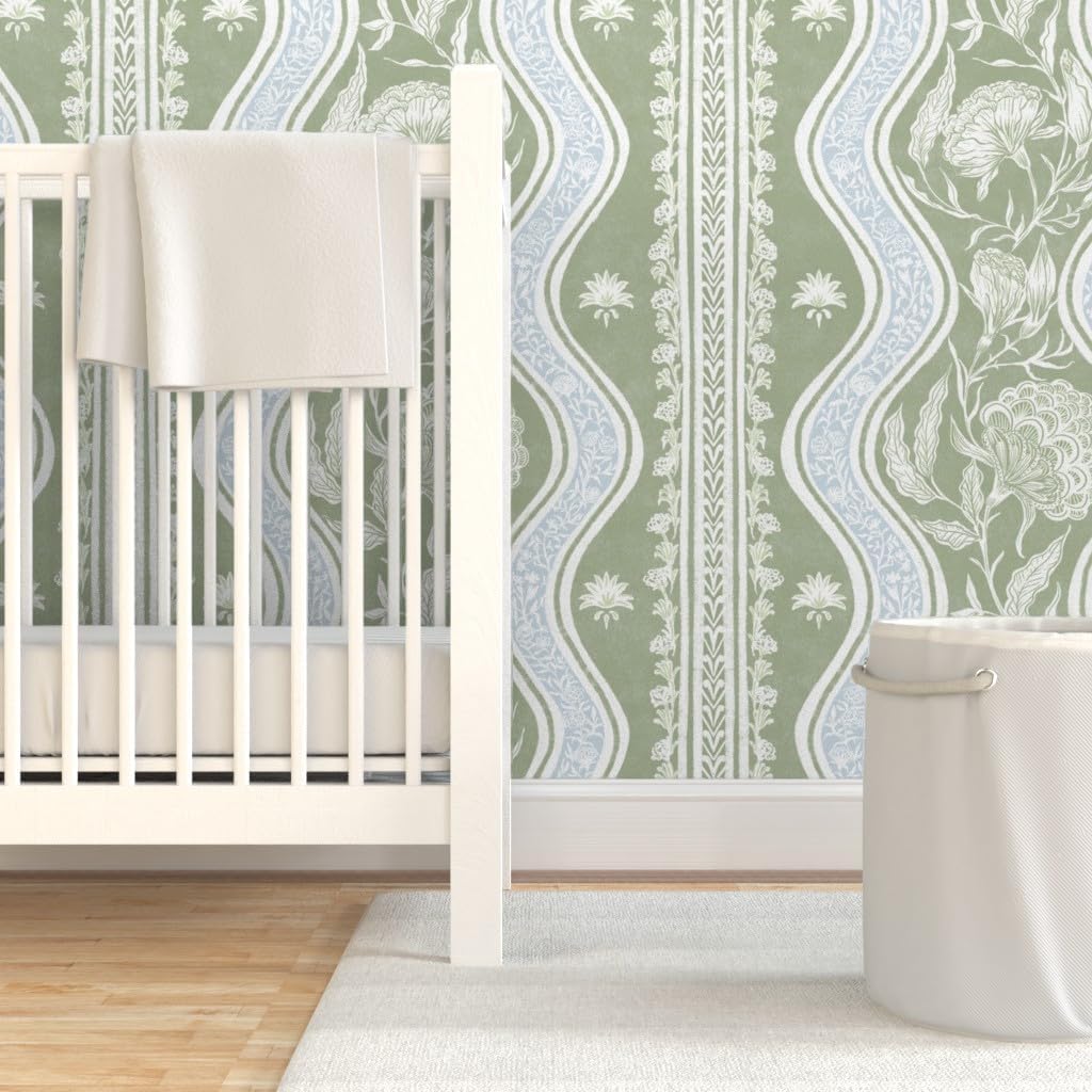 Spoonflower Removable Wallpaper Swatch - Botanical Stripe Romantic Victorian Garden Chintz Vintage Pale Blue Sage Green Large Scale Custom Pre-Pasted Wallpaper