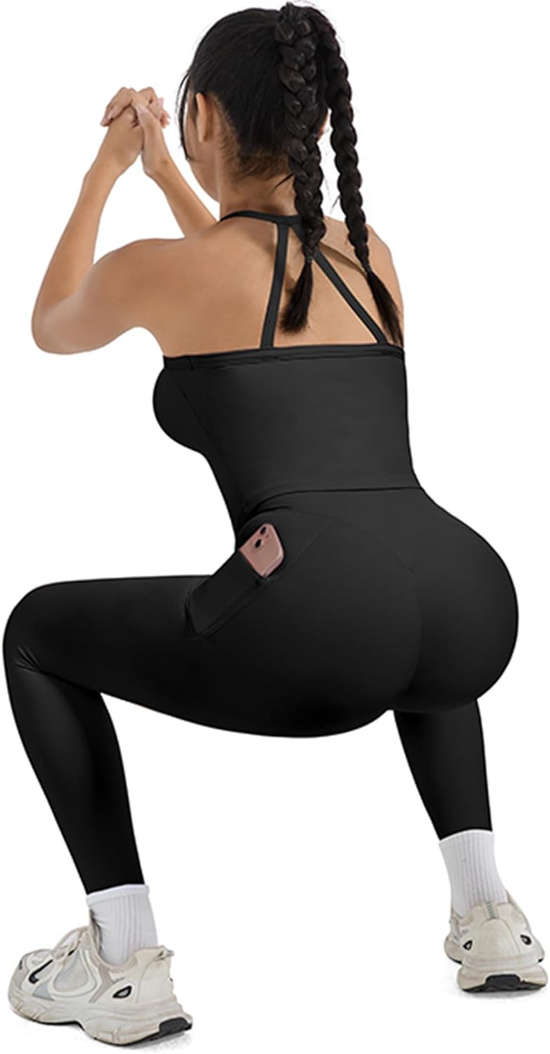 SUUKSESS Women 2 Piece Workout Sets Compression Tummy Control Leggings with Pockets Halter Built in Bra Tank Tops - Image 3