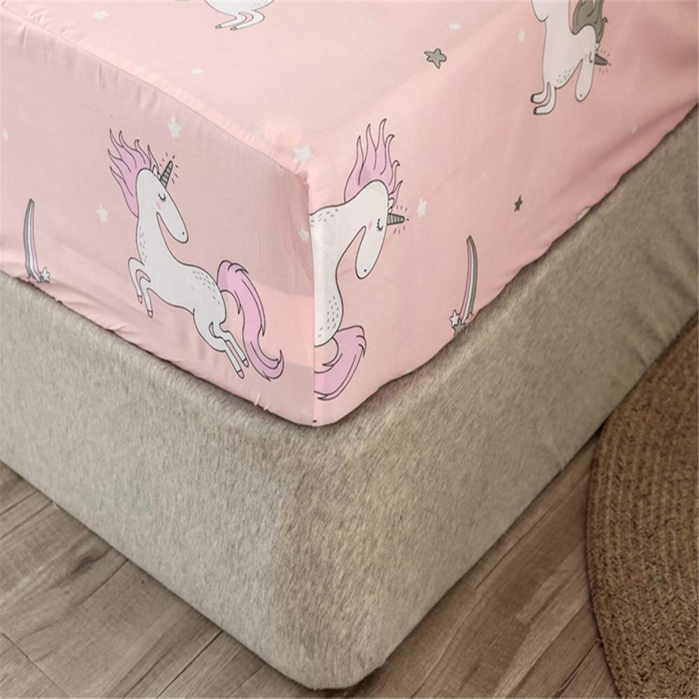 Chickwin Marble Printed Fitted Sheets for Double King Single Size Bed, 100% Polyester Bedding Sheets, Deep Pocket 30cm - Shrinkage Fade Resistant Easy Care (90x200x30cm,Pink unicorn)
