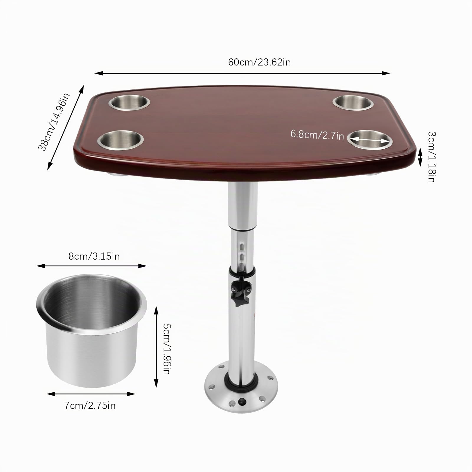 Tavolo da barca con 4 porta-bevande, supporto telescopico in olmo, regolabile, per barche, roulotte e camper, 600 x 380 mm
