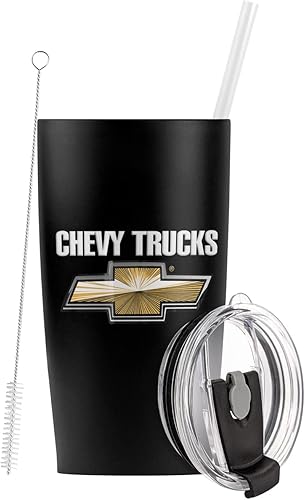 Vaso de acero inoxidable con logotipo de Chevy OFFICIAL Trucks con popote y tapa abatible, taza de viaje de 20 onzas, aislada al vacío y doble pared