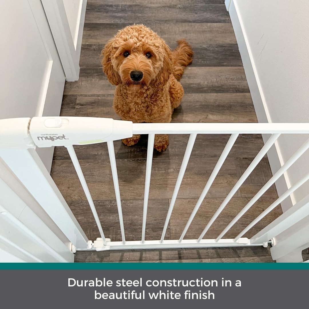MYPET North States Tall Happy Tails Walk Thru Pet Gate: 29.75”-37.5" Wide Dog Gate with Extra Wide 22" Door. Pressure Mount, No Tools Needed. Dog Gates for The House, 36" Tall, White