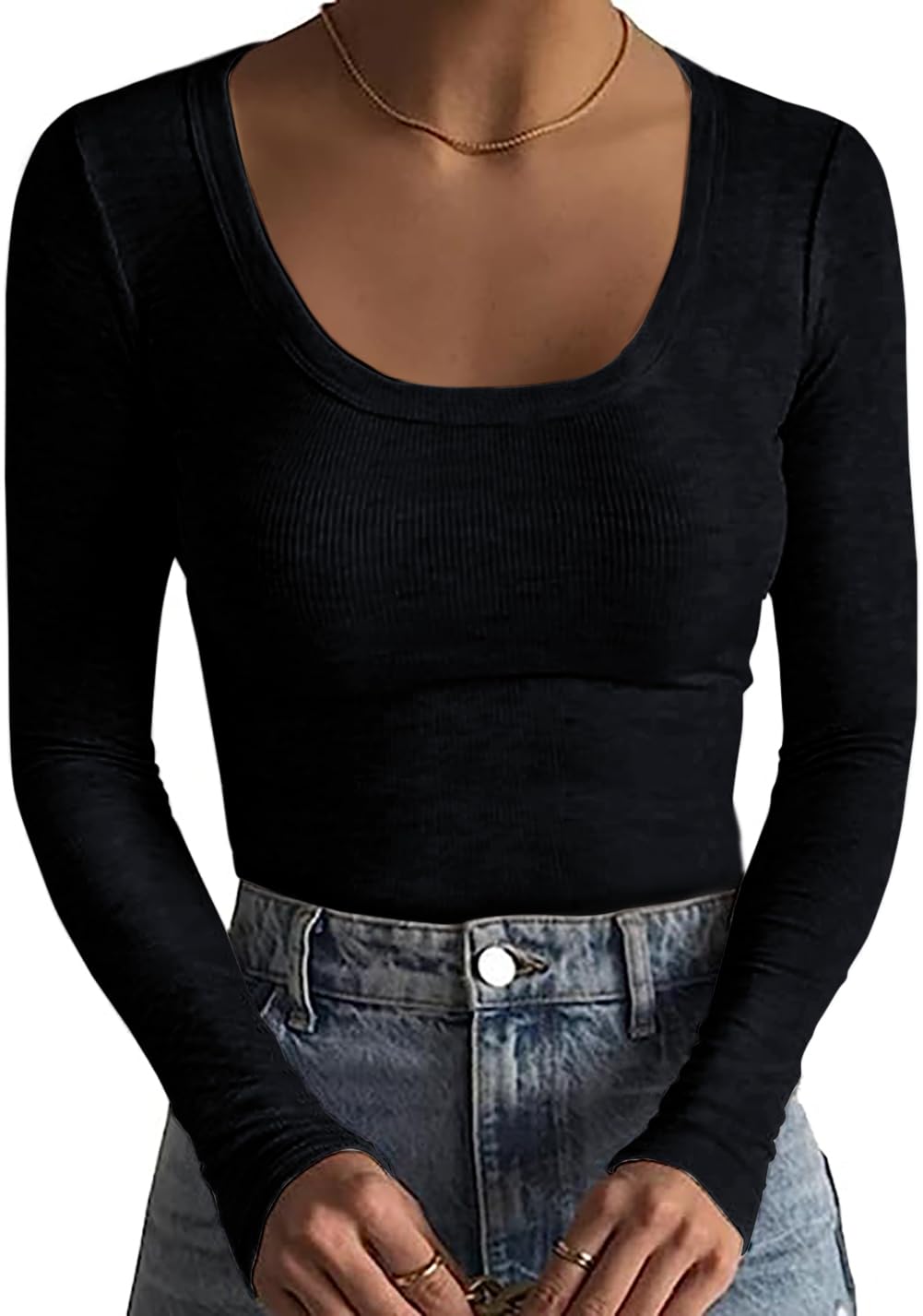 Basicspace Damen Gerippte Tops Schlank Hautfreundlich Basic T Shirt Einfarbig Tops Sexy Dehnbar Lässig Tief U Hals T Shirt Modisch Vielseitig Langarm Shirt