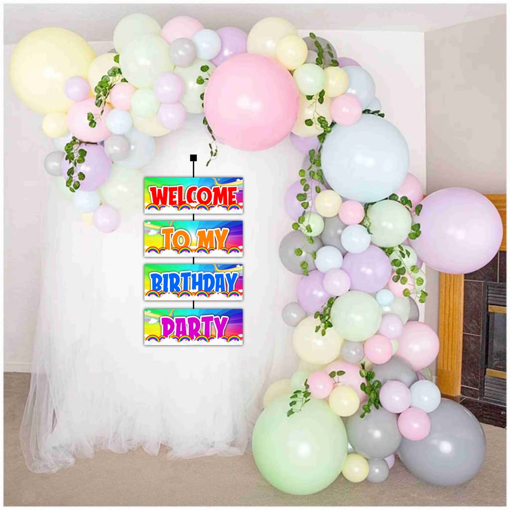 Balloonistics Rainbow Theme Happy Birthday Welcome Board - Vibrant Cardstock Door Sign for Indoor & Outdoor Party Decor - 2.3 Feet Large Birthday Backdrop, Includes Hanging Ribbons (Welcome Outdoor Board) 2