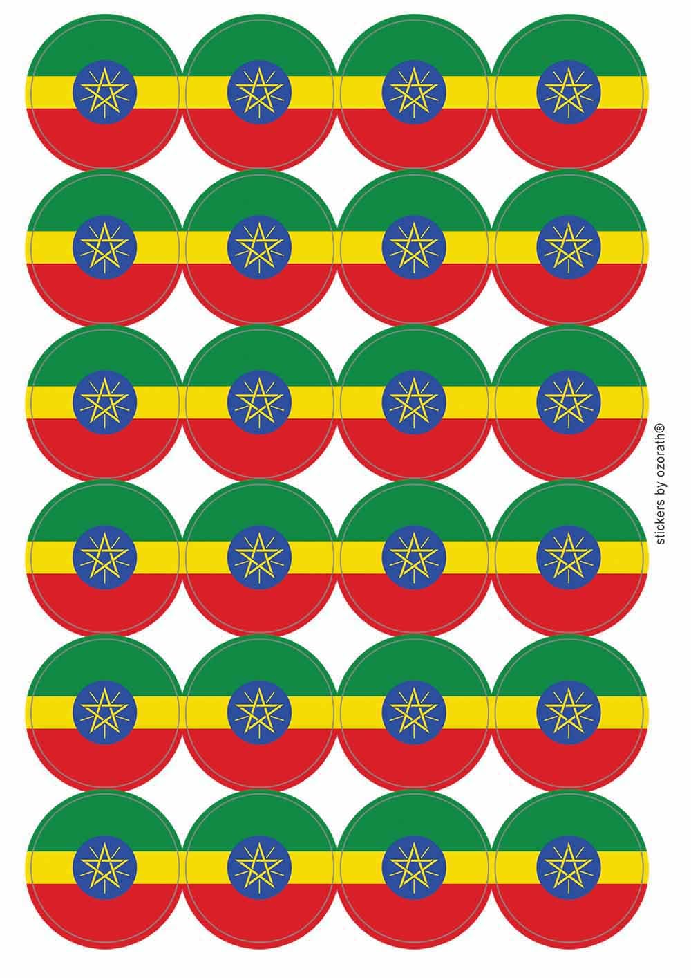 Ethiopia National Flag Circular Matt Paper Stickers A4 Sheet of 24 (Each Sticker is 45mm Diameter)