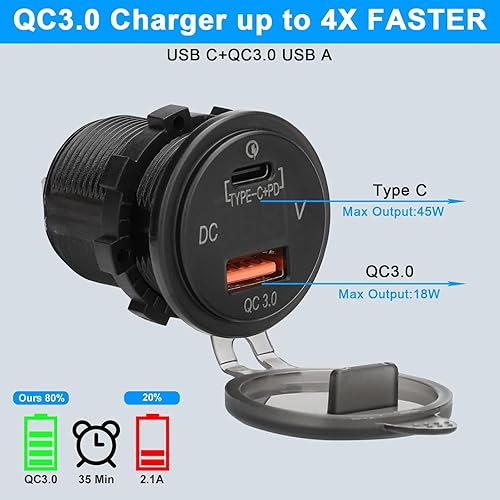 Miniatura 3 de Linkstyle Panel de interruptores de 12 V, puerto USB A de 18 W y puerto USB C de 45 W, enchufe para encendedor de cigarrillos con voltímetro digital