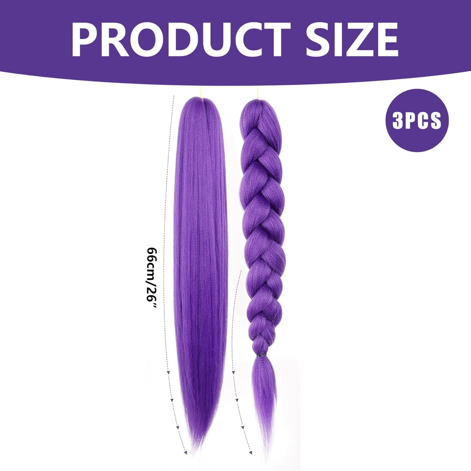 3Pcs Purple Braiding Hair Pre Stretched Synthetic Braiding Long Hair Extensions for Stage Party Halloween Costume Cosplay 26 Inch Braided Ponytail Extension - Image 2