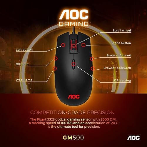 Vista 4 de AOC Mouse RGB para juegos, compatible con analizador NVIDIA Reflex, bajo retraso de entrada, interruptores OMRON (L&R), 5000 DPI, botones