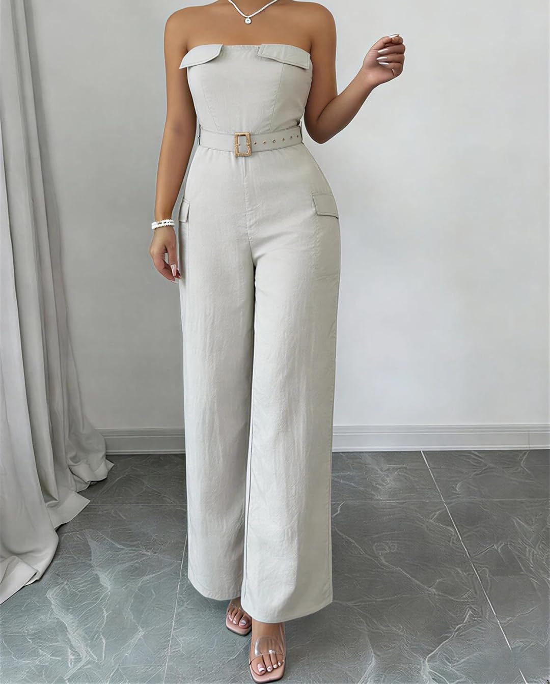 Yeuyyben Overol de verano para mujer, sin tirantes, con cinturón, pierna ancha, mezcla de lino, elegante, informal, para vacaciones, fiestas