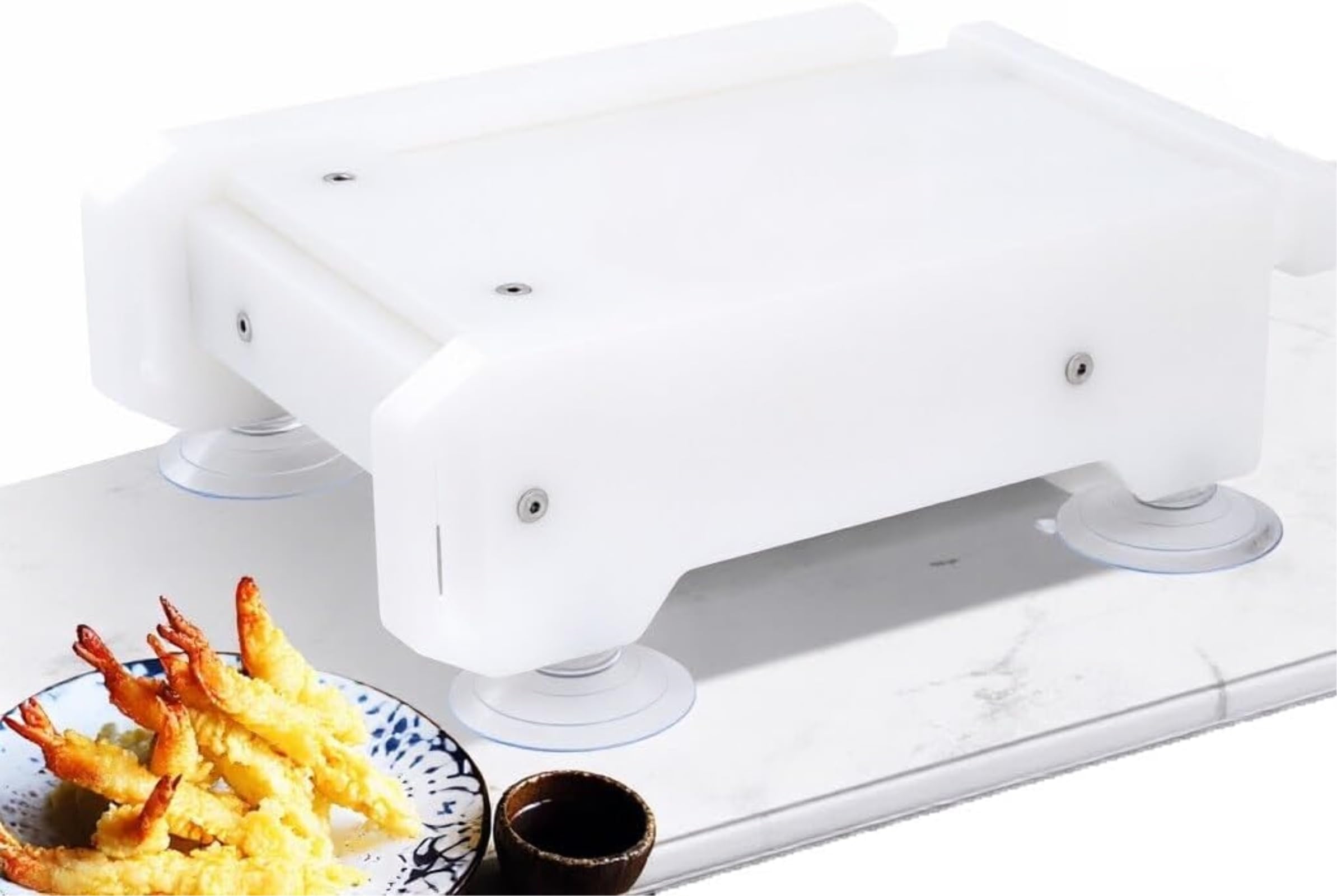 Tempura - Strumento per schiacciare gamberi, piastra per gamberi, piatto staccabile con base a ventosa, fori di scarico, attrezzatura portatile per sushi per cucina ristorante