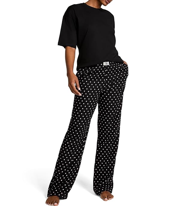 Victoria's Secret Cotton Tee Pajama Set, Short Sleeve Shirt and Long Flannel Pants, Pajamas for Women, Black Dot, S by Victoria's Secret - Used condition - US$45.82