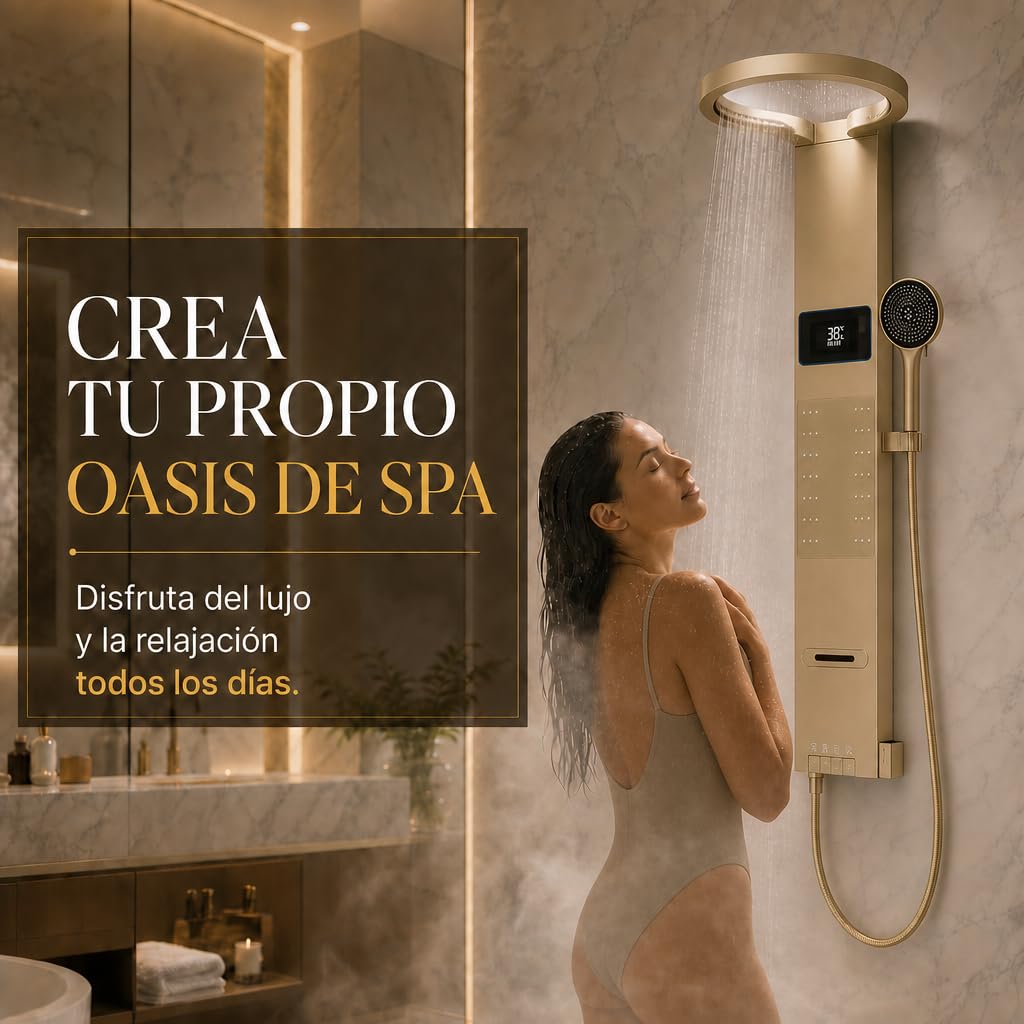 INEX EUROPA Panel de Ducha Termostática de Lujo Gold - Columna de Ducha Hidromasaje 10 Años de Garantía con 4 Modos de Operación - Torre de Ducha 105 cm Altura Daytona Collection