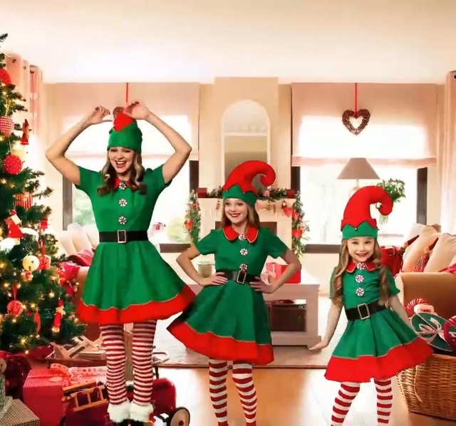Vestiti da Elfo Festivo Set Vestito da Elfo Verde per Bambini Costume da Festa di Carnevale di Buon Natale per Uomo Donna Costume di Prestazioni Vacanza Genitori-Figli per Cosplay Festa Festivo