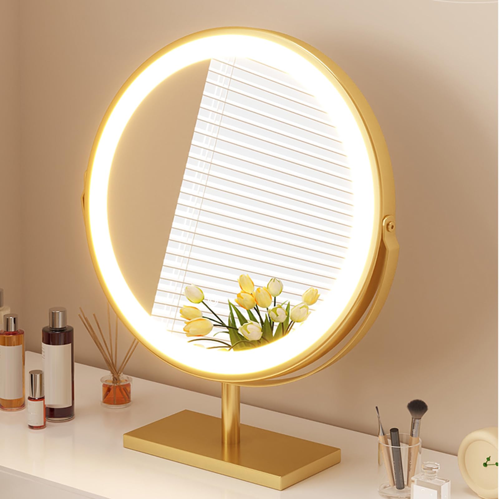 Desktop Cosmetic Mirror with LED Lights, Round Makeup Mirror with Metal Frame, Light Up Mirror, Freestanding Table Mirror, Tri-Color Dimming, Smart Touch Con(Gold,45cm) Gold 17.7"L x 0.4"W