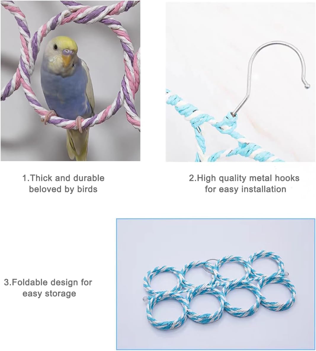 1 Pack Small Pet Rope Toys,Bird Rope Perch Climbing Net Ladder Hanging Hammock for Parrot (Parakeet/Cockatiel/Cockatoo/Macaw/Conure), Rat, Hamster, Mouse, Ferret (1Pcs) image 2