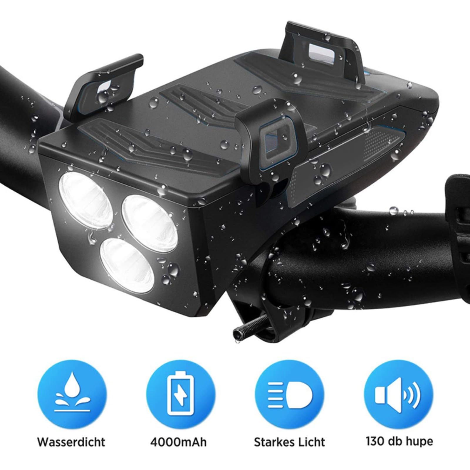 Set di luci per bici a LED con supporto per telefono ricaricabile, luce per bici da 4000 mAh con Power Bank con campanello e luce posteriore, torcia per bicicletta, escursionismo, campeggio, all mount