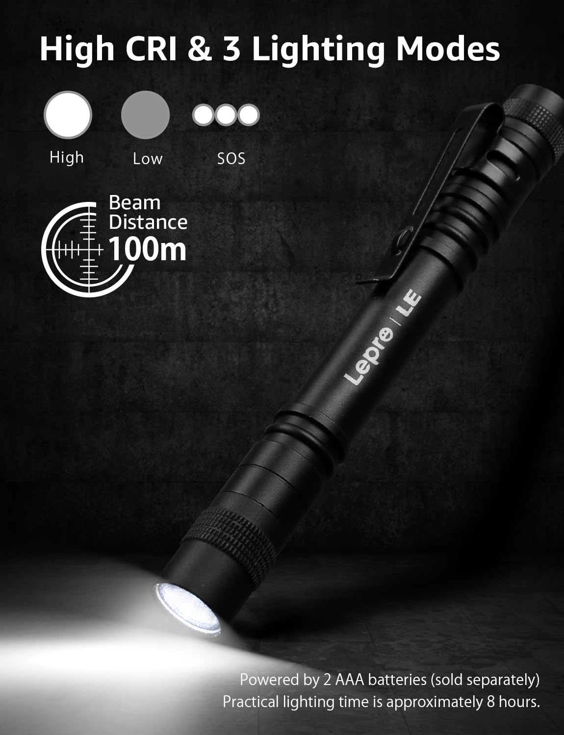 LE Torcia LED Penna C120 (2 Pezzi), 120 Lumen Mini Torce Led Portatili Penlight Stilo con Clip, Impermeabile IPX4, Messa a Fuoco Regolabile, Ideale per Attività all'Aperto (Batterie AA Non Incluso)