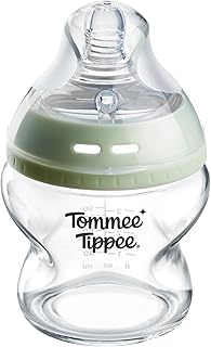 Tommee Tippee-Babyflasche, Natural Start Anti-Kolik-Flasche aus Glas, 150ml, 0m+, 1er-Pack, mit Besonders langsam Durchfluss brustähnl. Sauger, Anti-Kolikventil, selbst steril., Zubehör