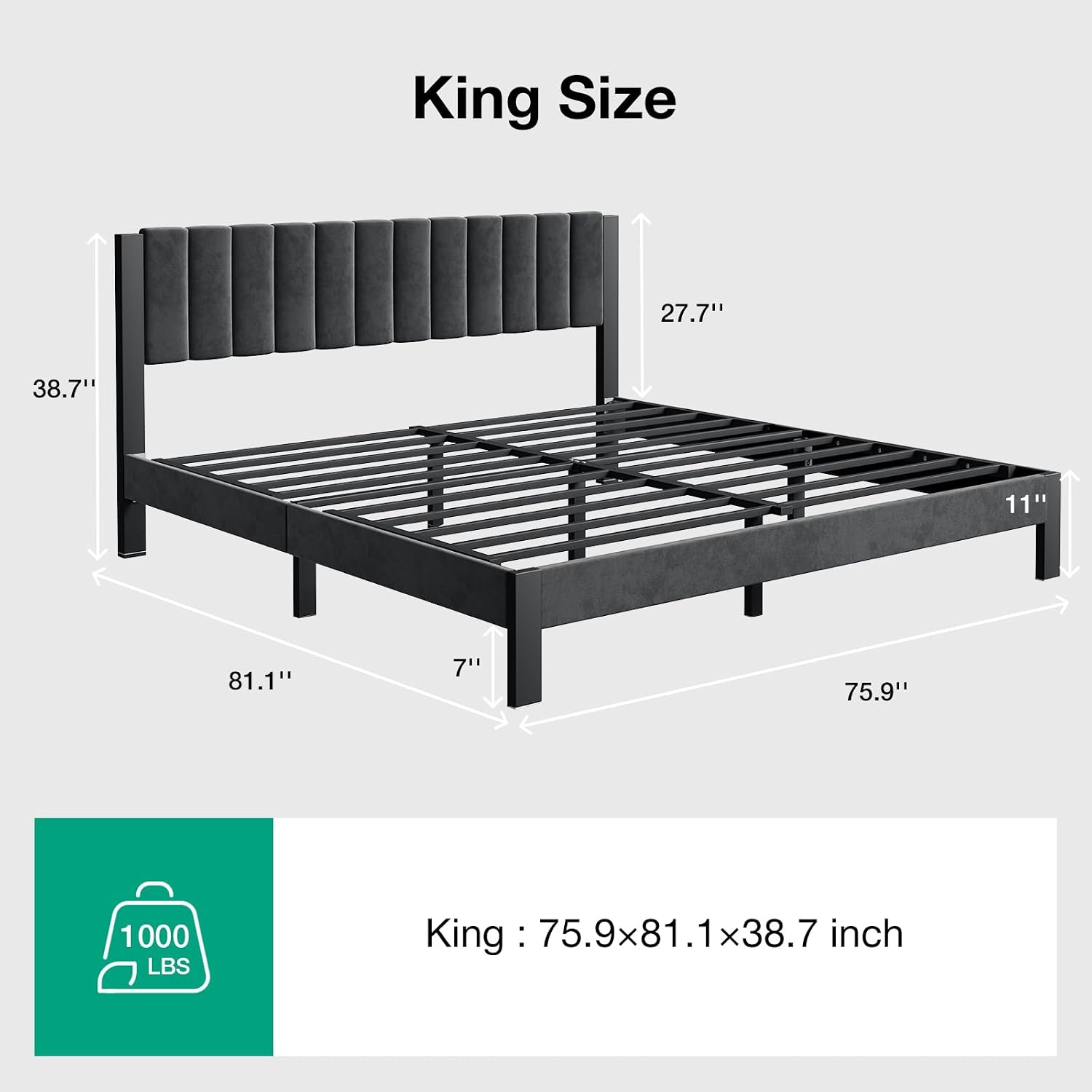 novilla king bed frame with piano keys headboard and footboard, metal platform bed frames king size, no box spring needed, easy assembly, steel slats support, velvet black black king