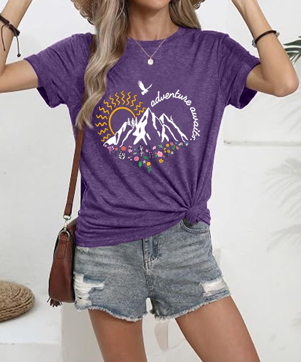 Adventure Awaits Hiking Tops Women Graphic Tees Nature Mountain Shirt image 2