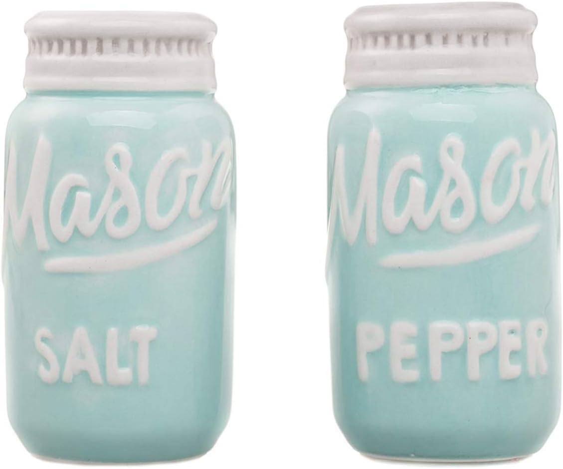 Ceramic Salt and Pepper Shakers Set - Mason Jar Blue Salt and Pepper Shakers Set for Kitchen Accessories - Table Salt Shaker for Cooking - Vintage Salt & Pepper Shaker Sets for Seasoning (Set of 2)
