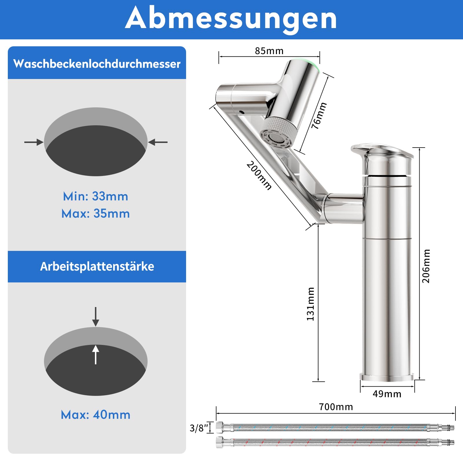 JONKEAN Chrom Wasserhahn Bad mit Temperaturanzeige(Batterielos) | 1080° Drehbar Mischbatterie Waschbecken, Moderne Armatur Badezimmer, Warm/Kaltwasser, Einfache Montage für Badezimmer, RV