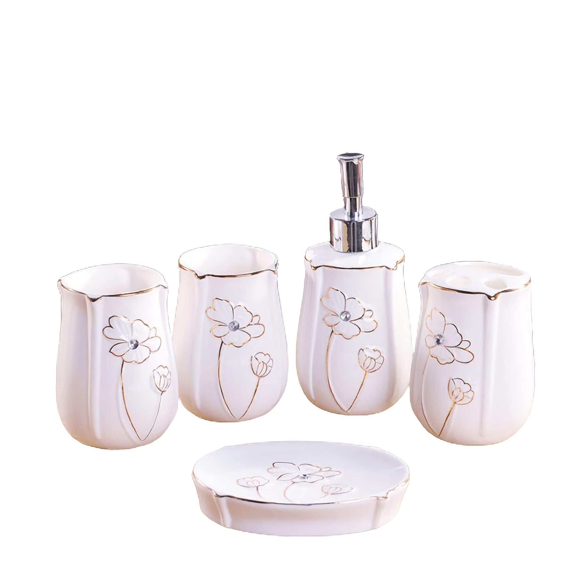 Juego de Accesorios de baño Juego de baño cerámica 5 Piezas Que Incluye dispensador loción, Porta cepillos Dientes, Vaso y jabonera Decoración estética para el hogar