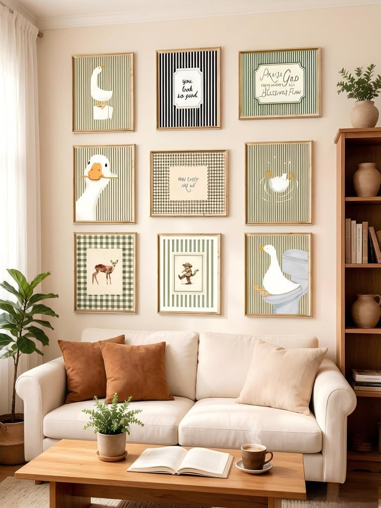 RYZopmuy Vintage Goose Bathroom Wall Art Prints, Sage Green Gingham, Set of 9, Unframed, 8x10 Inch living room, bedroom, bathroom Decor