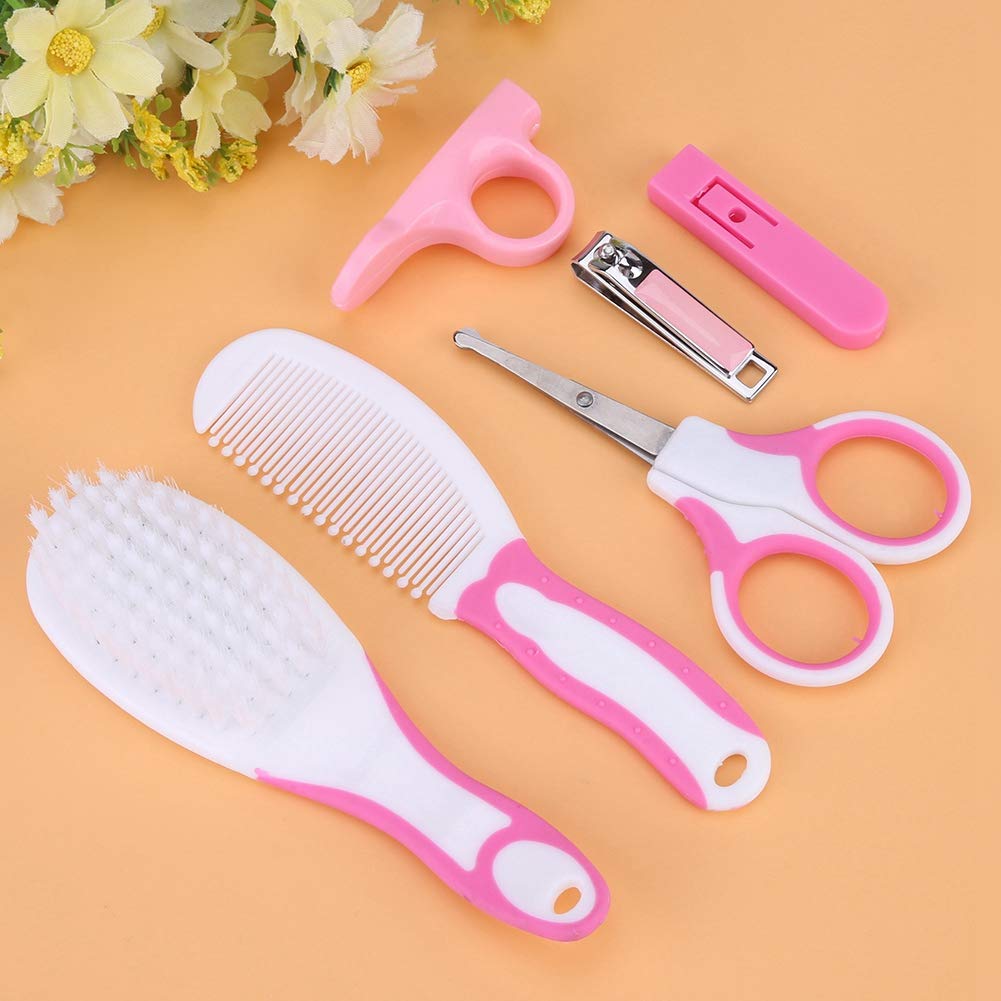 Baby Hair Brush,6pcs Convenient Daily Baby Nail Clipper Scissors Hair Brush Comb Manicure Care Kit (Pinkish)