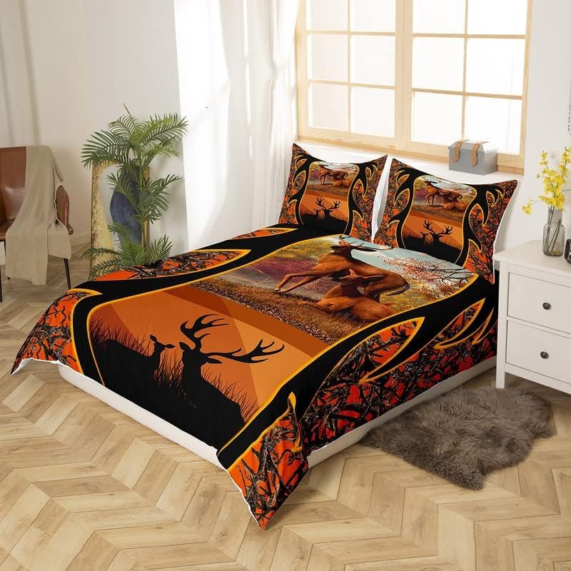 Homemissing Double Cute Deer Duvet Cover Deer Hunting Bedding Set Branches Orange Comforter Cover Set Super Soft 3D Wildlife Decoration Comforter Cover Set - Image 3