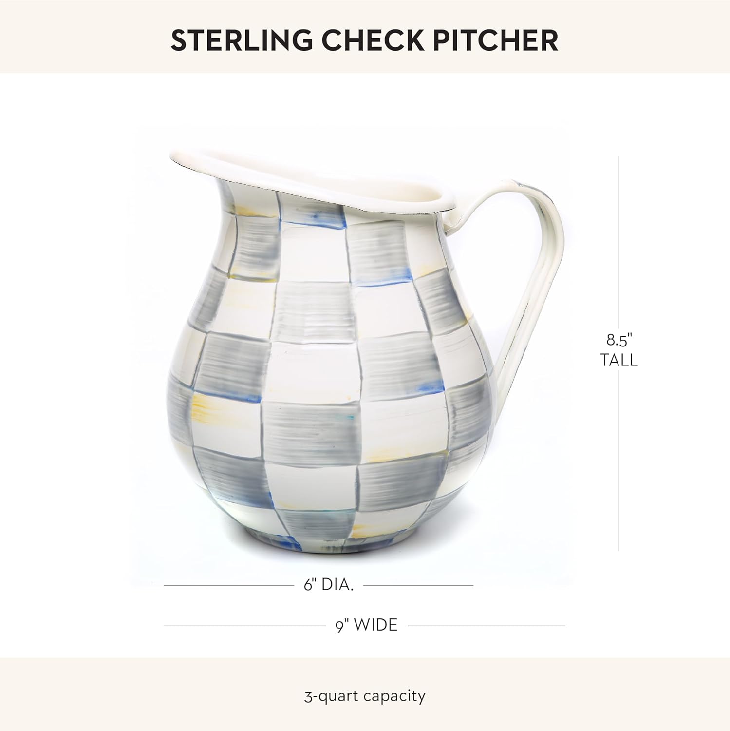 MACKENZIE-CHILDS Enamel Pitcher with Spout for Water, Cut Flowers, and Home Decor, 3 Quarts, Gray-and-White Sterling Check - Image 4