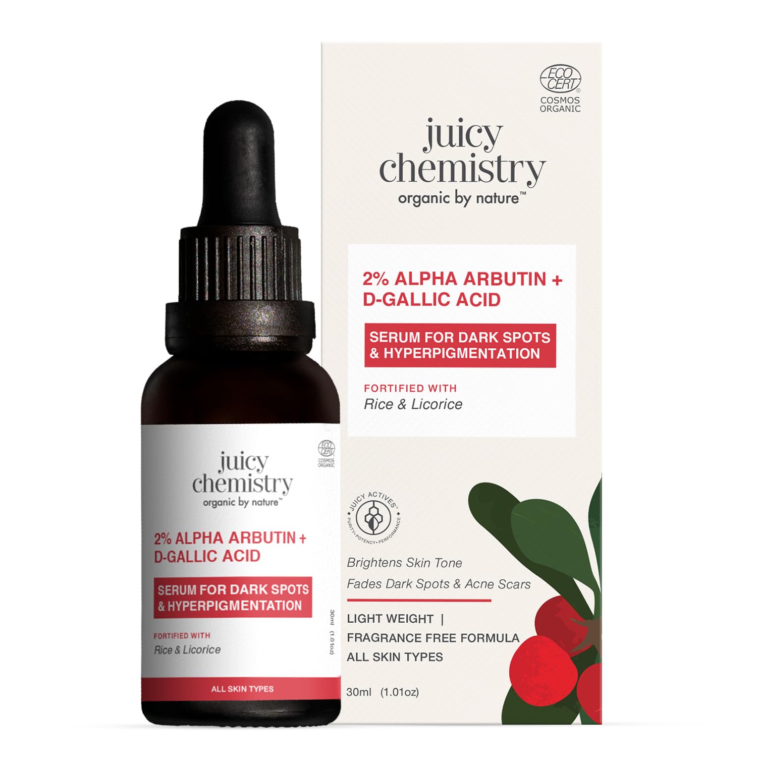 Juicy Chemistry 2% Alpha Arbutin + D-Gallic Acid Face Serum, 30 ml | Brightening Serum for Dark Spots and Hyperpigmentation