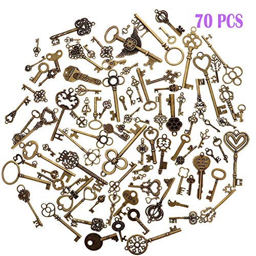 Remebe 70 piezas Colgantes con dijes de llaves de bronce antiguas Conjunto de formas y tamaños aleatorios Claves de accesorios hechos a mano para la fabricación de joyas de bricolaje
