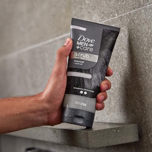 Image of DOVE MEN + CARE Body and Face Scrub Charcoal & Clove Oil Deeply Exfoliates for Hydrated & Nourished Skin 100% Gentle Cleanser, No Sulfate Cleansers or Parabens 9 oz