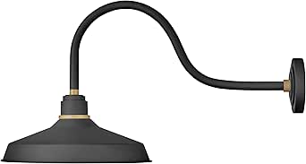 Hinkley Foundry Classic Medium Gooseneck Barn Light, Aluminum, Dark Sky Compliant, Industrial, 32.5" Extension, 16" Shade, Textured Black Finish with Brass Accent