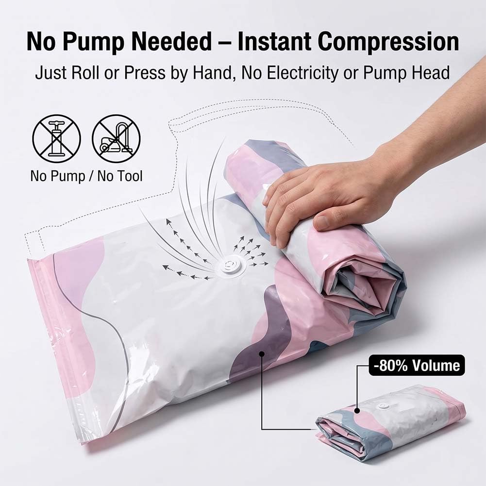 2026 No Pump Large Vacuum Storage Compression Bags, 3-Sec Press & Seal Heavy-Duty Space Saver Bags, Reusable Cube Vacuum Seal Bags for Jumbo Bedding, Comforters, Blankets & Clothes (3PCS,L)