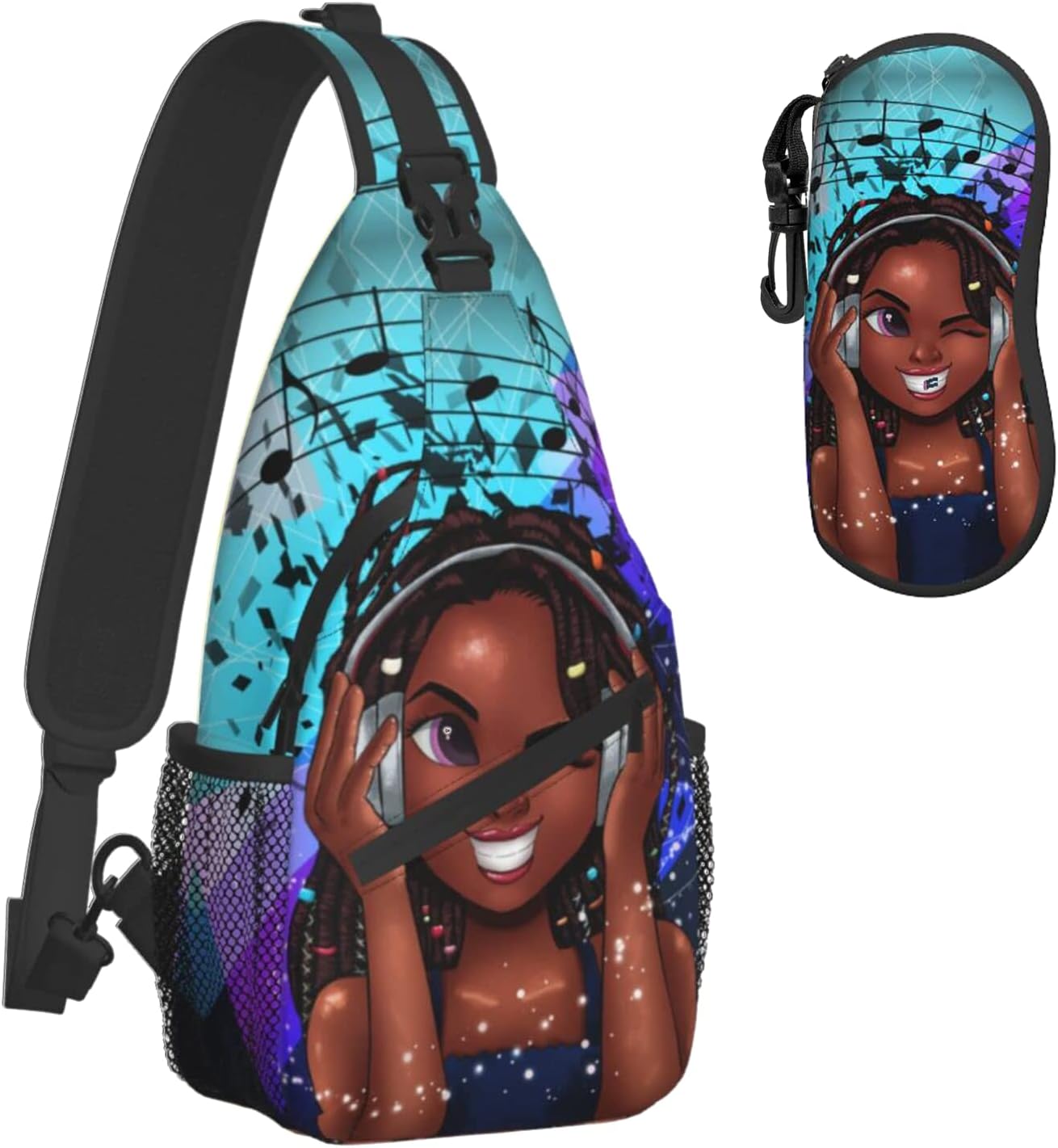sling bag for women crossbody chest bags Sling Backpack Travel Hiking Daypack for Women Men Shoulder Bag for Casual Sport Climbing Runners African American Black Girl Music (Glasses case included)